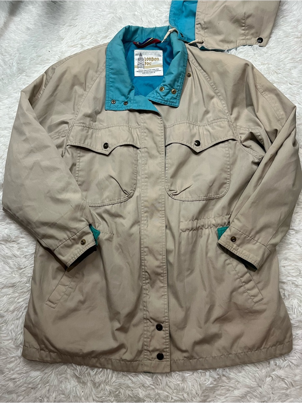 Vintage 80s London Fog Beige Utility Jacket with Teal Trim